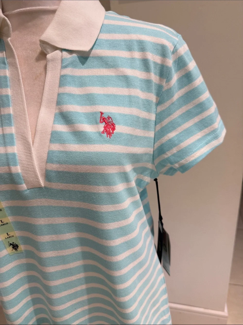U.S. Polo by Ralph Lauren Aqua Blue and White Striped Polo Dress, size L